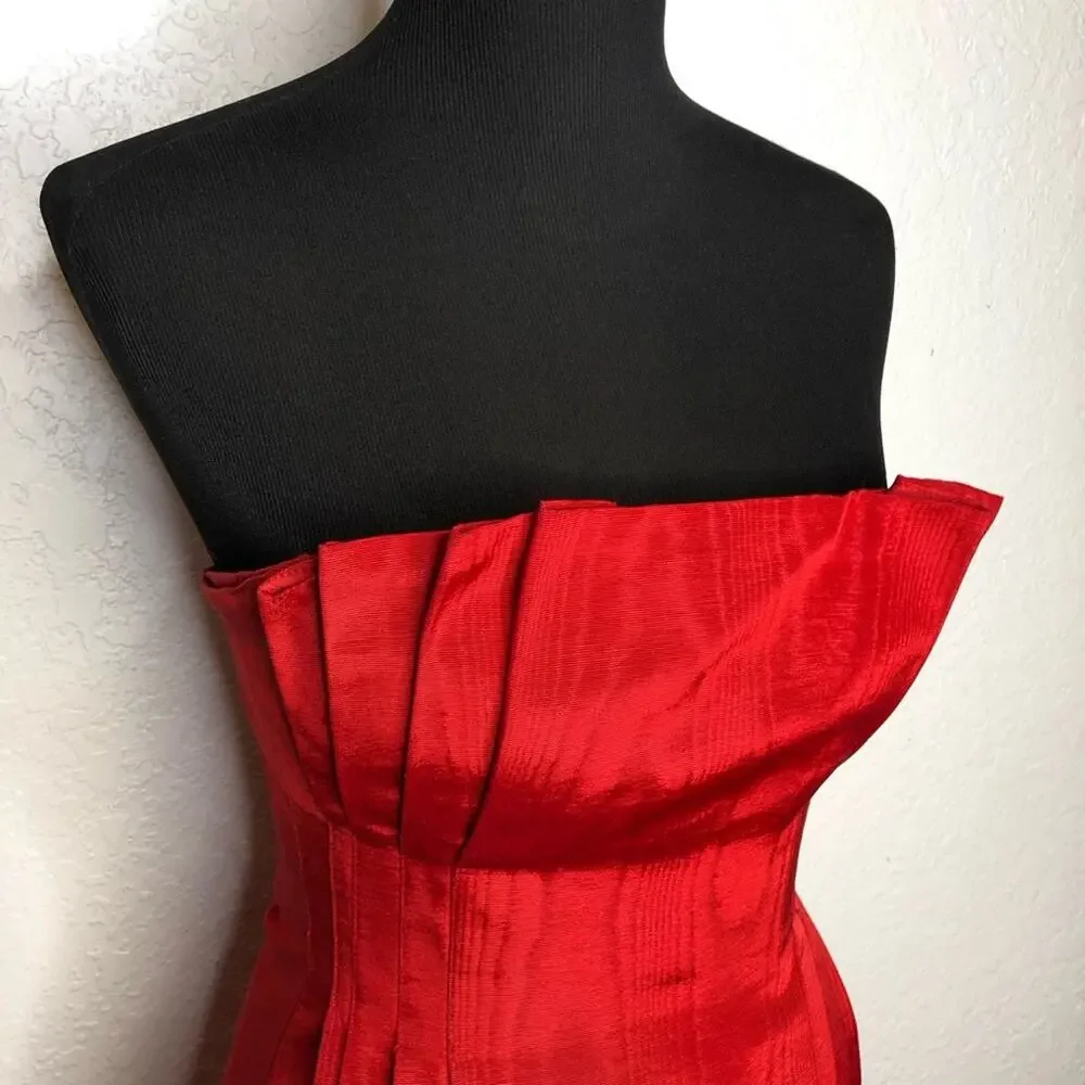 Vintage red silk pleated gathered strapless formal dress size 6